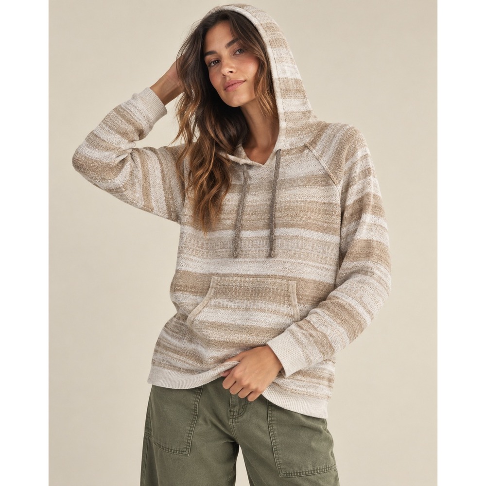 KOTO 100% Cotton Striped Knit Hoodie Sweater Large Beige Cream Boho Coastal